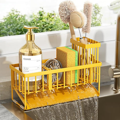Cisily Lemon Yellow Sink Caddy Organzier with High Brush Holder, Sponge Holder for Sink, 304 Rustproof Stainless, Kitchen Countertop Soap Dispenser Organizer, Lemon Kitchen Decor and Accessories by CISILYHOMELIFE