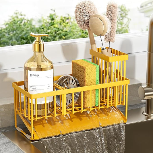 Cisily Lemon Yellow Sink Caddy Organzier with High Brush Holder, Sponge Holder for Sink, 304 Rustproof Stainless, Kitchen Countertop Soap Dispenser Organizer, Lemon Kitchen Decor and Accessories by CISILYHOMELIFE