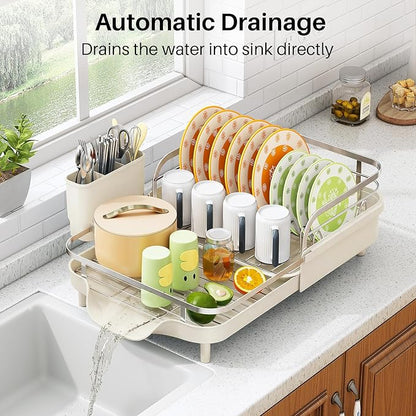 SAYZH Dish Drying Rack - Expandable Dish Rack for Kitchen Counter, Rust-Resistant Dish Drainer with Utensil Holder and Raised Guardrail, Kitchen Organizer for Cup and Bottle (Beige) - Image 4
