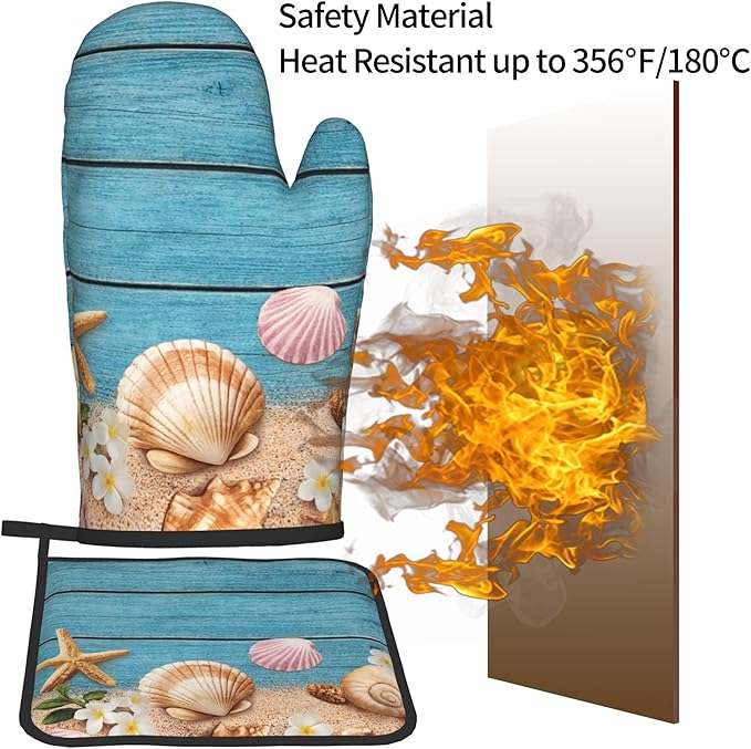 Coastal Oven Mitts and Pot Holders Sets Navy Blue Wooden Starfish Seashell Oven Glove Hot Pads for Kitchen Summer Beach Chef Gifts for Cooking Lover Cooks - Image 5