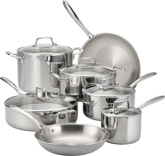 Tramontina Tri-Ply Clad Stainless Steel 12-Piece Cookware Set with Glass Lids, Pots and Pans Kitchen Set, Induction-Ready, Dishwasher-Safe, NSF-Certified by Tramontina