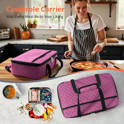 Insulated Casserole Carrier Portable Food Tote for Hot or Cold – Fits 9"x13" Baking Dish, Lasagna Holder for Parties, Picnic, Travel, Beach - Rose Red