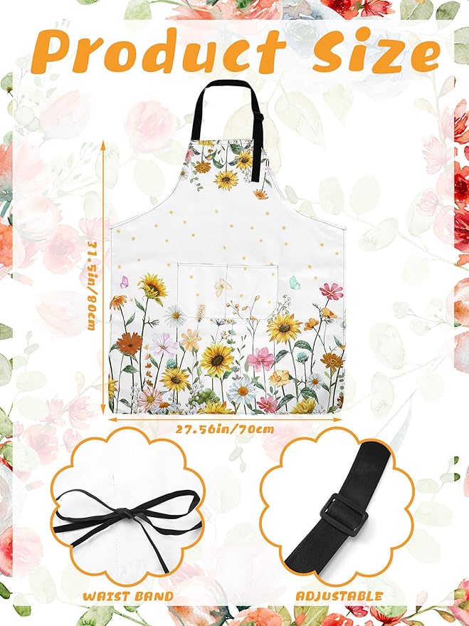 Bencailor 6 Pcs Spring Kitchen Aprons with Pockets Flower Rooster Bee Butterfly Sunflower Summer Aprons Bulk for Women(Bright Color,Flower) - Image 3