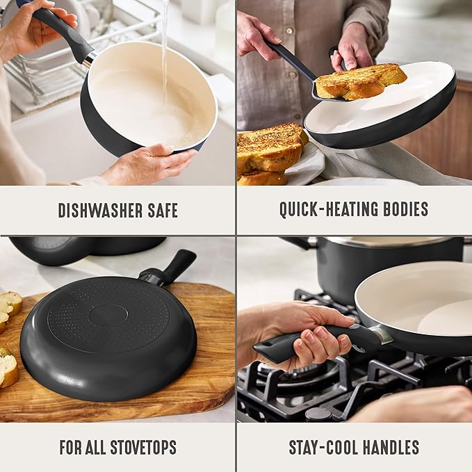 GreenLife 2-Piece Nonstick Frying Pan Set, 8” & 10” Skillets, Non-Toxic Ceramic Cookware, Dishwasher Safe, Stay-Cool Handles, Induction Ready, Fast Heating, Omelet Pan, PFAS Free, Graphite Black