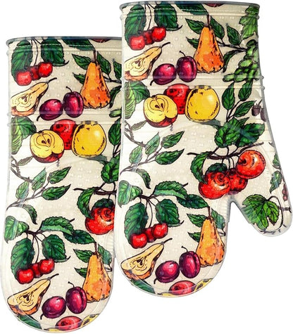 Oven Mitts Set of 2 with Transparent Clear Silicone Shell and Nice Friut Flower Cotton Lining, Heat Resistant to 500 F Kitchen Oven Gloves Pot Holder for Cooking (Friut Flower, Oven Mitts) by REDLMLDETA