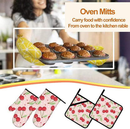 Oven Mitts and Hot Pads Set - Pink Cherry Design, Heat Resistant Cute Pot Holders for Kitchen, Baking Gifts for Women