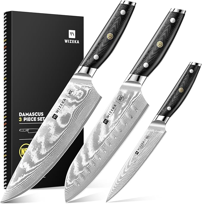 WIZEKA Damascus Chef Knife Set: 3 PCS,Super Sharp Kitchen Knives: Made of Japanese Steel VG10: Full Tang Professional Chef Knife Set With G10 Ergonomic Handle, Mothers Day by WIZEKA