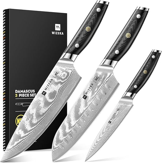 WIZEKA Damascus Chef Knife Set: 3 PCS,Super Sharp Kitchen Knives: Made of Japanese Steel VG10: Full Tang Professional Chef Knife Set With G10 Ergonomic Handle, Mothers Day by WIZEKA
