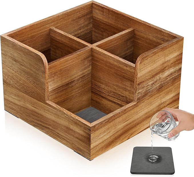 Yofidra Kitchen Utensil Holder with Stone Drying Mats, 4 Compartments Corner Utensil Holder for Kitchen Countertop, Extra Large Silverware Organizer (Wood Color)