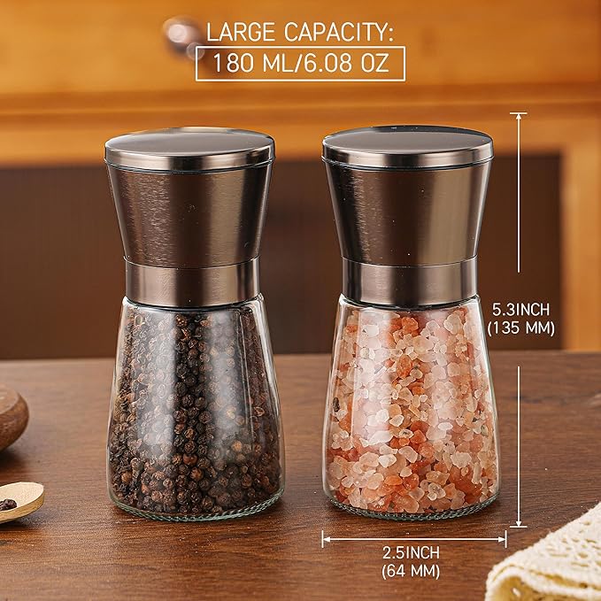 DAVIMADE Metal Bronze Salt and Pepper Grinder Set of 2，Manual Refillable Adjustable Coarseness Ceramic，Short Glass Bronze Salt and Pepper Shakers Spice Mill ，W/Silicone Funnel