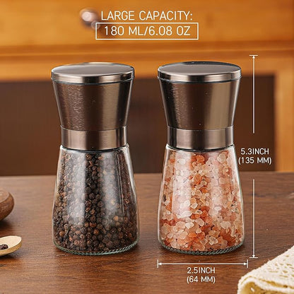 DAVIMADE Metal Bronze Salt and Pepper Grinder Set of 2，Manual Refillable Adjustable Coarseness Ceramic，Short Glass Bronze Salt and Pepper Shakers Spice Mill ，W/Silicone Funnel