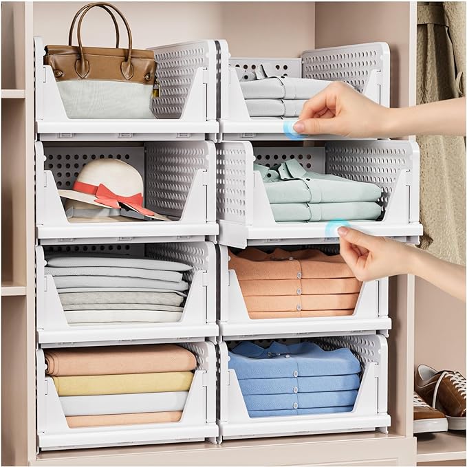 8 Pack Stackable Closet Storage Basket - Stackable Storage Bins, Multifunctional & Foldable Closet Organizer Waterproof, Wardrobe Cupboard Space-Saving Hat Storage Drawer Organizer, White - Image 2