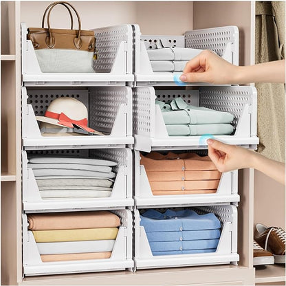 8 Pack Stackable Closet Storage Basket - Stackable Storage Bins, Multifunctional & Foldable Closet Organizer Waterproof, Wardrobe Cupboard Space-Saving Hat Storage Drawer Organizer, White - Image 2