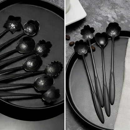 12 Pcs Flower Coffee Tea Spoons Set with Storage Bag, 4 Long & 8 Short Stainless Steel Teaspoons for Sugar Dessert Ice Cream Stirring, Cute Fancy Tableware for Tea Party Kitchen Cafe Bar(Black)