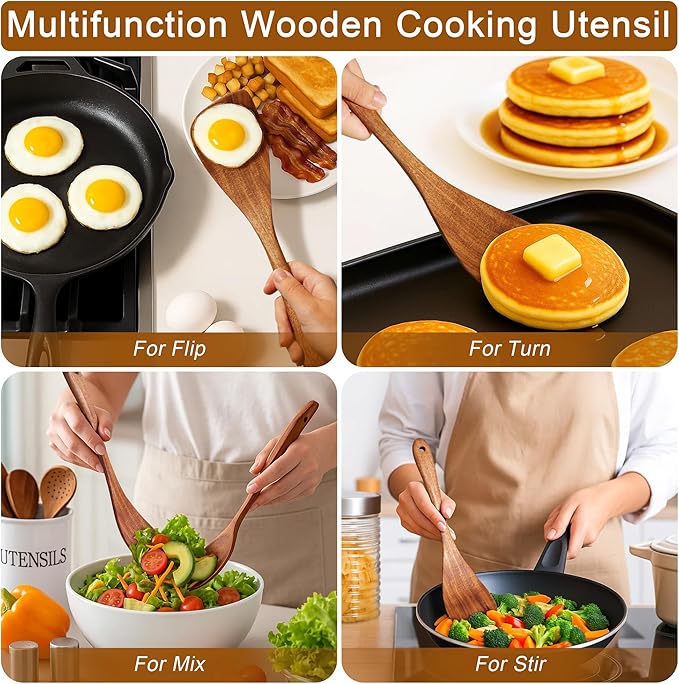 Jilla-hla Wooden Spatula Nonstick Turner Acacia Wood, Right Long Handle Flat Frying Spatulas Handmade for Mother Wife Grandma Her Kitchen Gift, Ideal Cookware Utensils for Cooking Eggs, Fish, Pancakes - Image 8