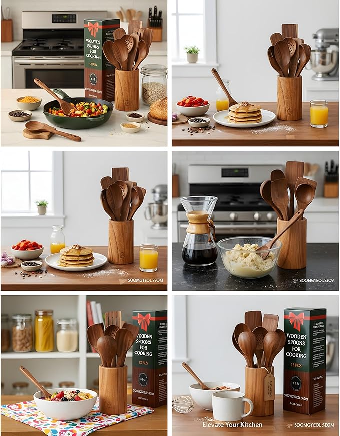 12-Piece Natural Teak Wood Utensil Set with Holder & Rest - Nonstick Cooking Spoons, Spurtles, Heat Resistant Tools - Image 7