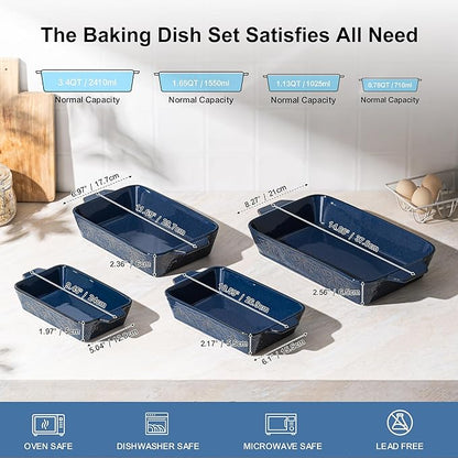 Dafuceramic Casserole Dishes for Oven, Baking Dishes, Ceramic Bakeware Sets of 4, Rectangular Baking Pan Set with Handles for Baking, Casserole, Kitchen, Wedding Gift (Blue) - Image 2