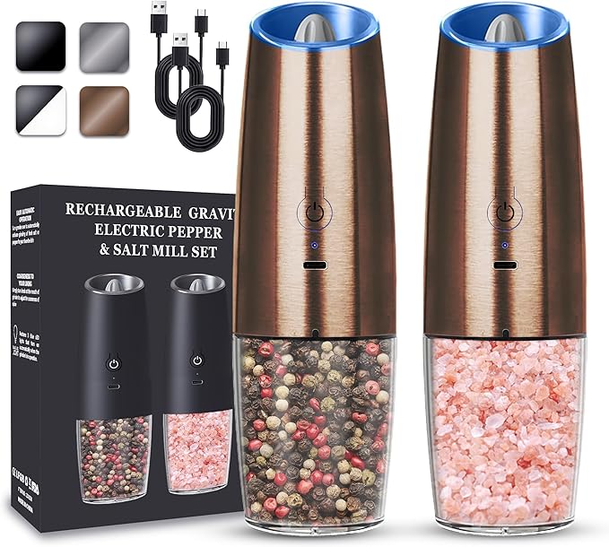UNNEES Rechargeable Electric Salt and Pepper Grinder set of 2, gravity electric salt and pepper grinder set, Adjustable Roughness, LED Light, 2 Pack, (Copper) by UNNEES