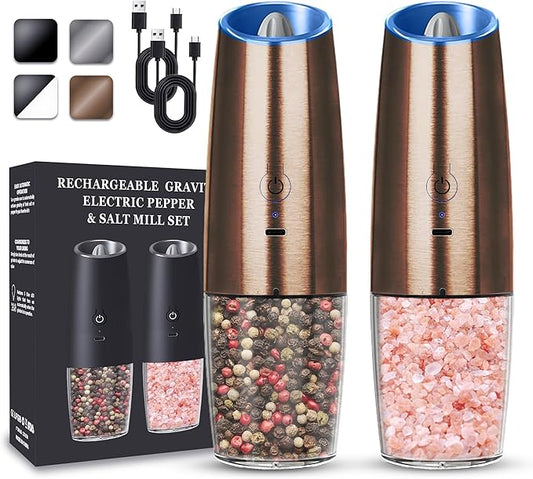 UNNEES Rechargeable Electric Salt and Pepper Grinder set of 2, gravity electric salt and pepper grinder set, Adjustable Roughness, LED Light, 2 Pack, (Copper) by UNNEES