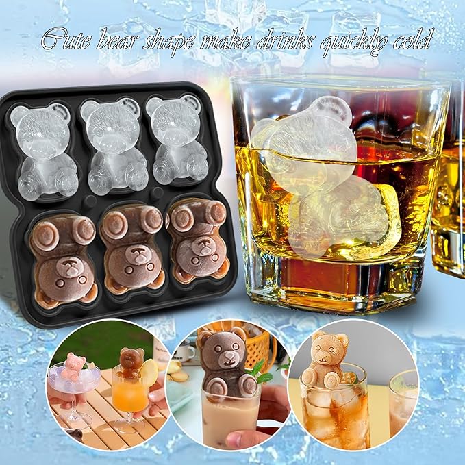 3D Bear Ice Cube Mold, Large Ice Cube Tray with Lid for Cocktail Whiskey Bourbon, Teddy Bear Ice Cube Trays for Freezer Fun Shape, Big Ice Molds Cute Candies Chocolate Mold, Black