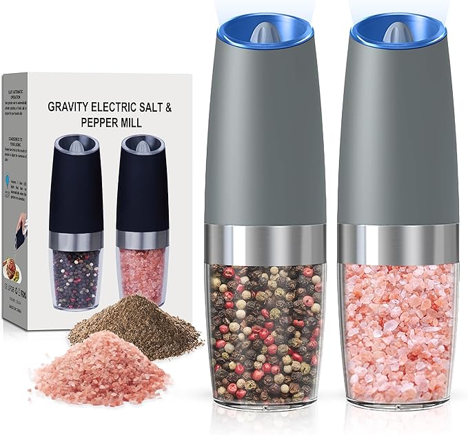 Battery Operated Salt And Pepper Grinder Set with LED Light, Automatic Electric Gravity Salt And Pepper Shakers Set, Each 6 AAA Batteries Needed, Adjustable Roughness, 2 Pack (LightGrey) by Unknown