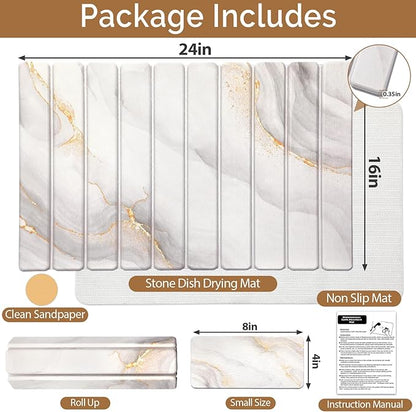 Large Stone Dish Drying Mat for Kitchen Counter,Quick Dry Stone Dishes Mats,Marbled Water Absorbing Diatomaceous Earth Drying Pad for Countertop Bottles Utensils Cups(Yellow White 24"x16"&8"x4") - Image 2