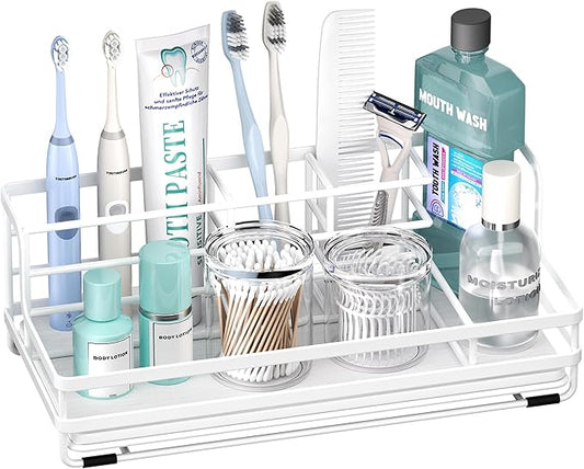 HapiRm Toothbrush Holders for Bathroom - 5 Partitions Bathroom Counter Organizer with Instant Drying Stone, Stainless Steel Countertop Storage Electric Toothbrush Toothpaste Holder - White