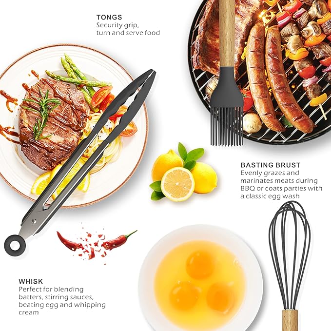oannao Silicone Cooking Utensils Kitchen Utensil Set - 446°F Heat Resistant Silicone Kitchen Utensils Set, Spatula,Turner Tongs, Spoon, Whisk,Kitchen Gadgets for Nonstick Cookware, BPA Free (Gray) - Image 4