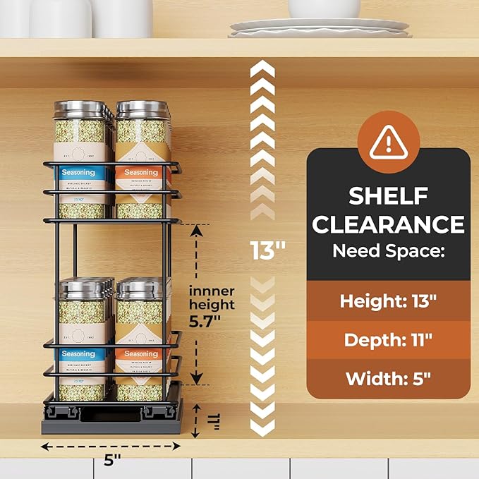 Mystozer Pull Out Spice Rack Organizer for Cabinet, Slide Out Spice Racks, Easy to Install, 4.33" Wx10.43 Dx8.66 H, 1 Drawer 2 Tiers(Black) - Image 2