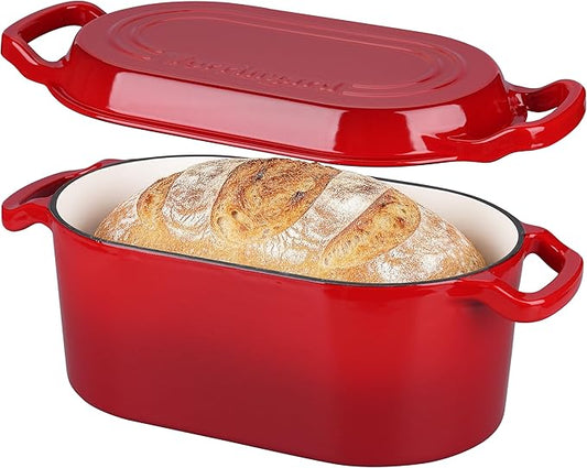 VORRINGARD Oval Dutch Oven Pot with Lid, Enamel Coating Cast Iron Bread Pans for Homemade Sourdough Bread Baking, Cooking, 4 Quart, Red