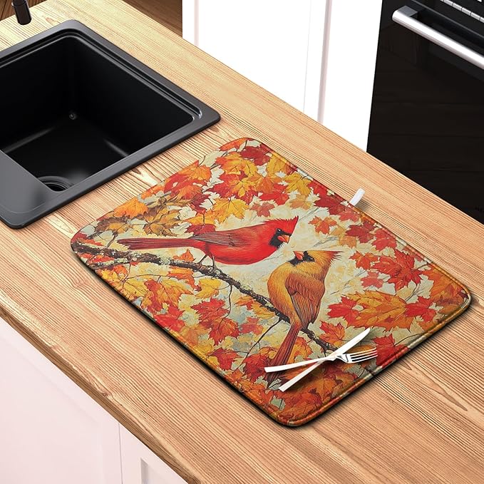 Fall Dish Drying Mats for Kitchen Counter Maple Leaf Cardinal Birds Dish Draining Mat 18x24 Inch Autumn Thanksgiving Dish Rack Mat Microfiber Absorbent Dish Drainer Pad - Image 6