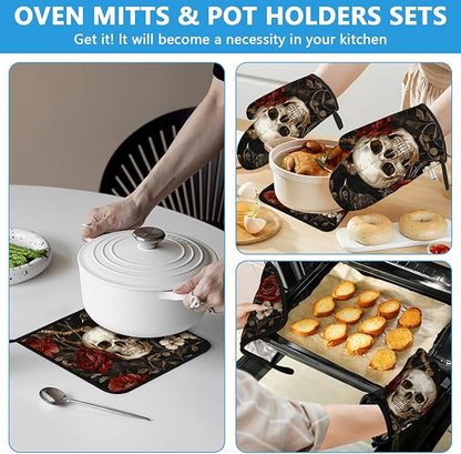 Halloween Skull Rose Crow Oven Mitts and Pot Holders Sets Heat Resistant 4Pcs Potholders Oven Gloves Hot Pads for Kitchen Baking Cooking Grilling BBQ