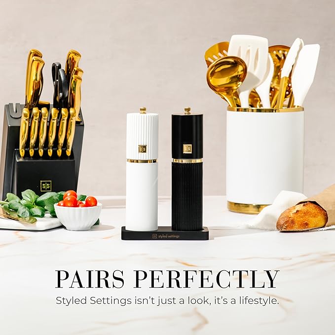 Wooden Salt and Pepper Grinder Set – Refillable Manual Salt and Pepper Mills with Adjustable Ceramic Burrs, Gold Detailing, and Wood Stand – Black and White - Image 2