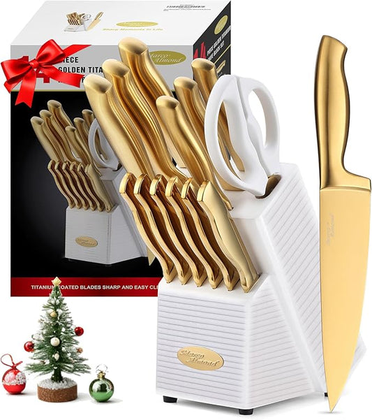 Marco Almond® Gold Knife Set, Knife Block Set MA21,Titanium Coated 14 Pieces Stainless Steel Chef Gold Kitchen Knife Sets with White Block