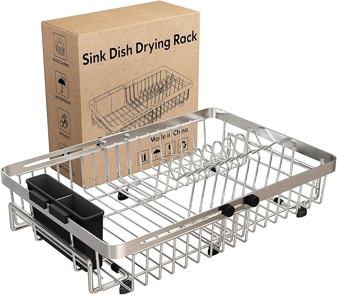 MAJALiS Dish Drying Rack Over The Sink, Expandable Stainless Steel Dish Drainer for Small Kitchen Counter Space Saving, RV Compact Plate Strainer In Silver Metal with Hanging Adjustable Utensil Holder by MAJALiS