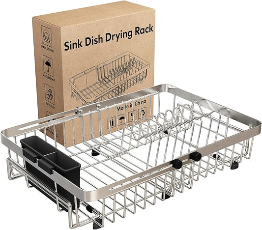MAJALiS Dish Drying Rack Over The Sink, Expandable Stainless Steel Dish Drainer for Small Kitchen Counter Space Saving, RV Compact Plate Strainer In Silver Metal with Hanging Adjustable Utensil Holder by MAJALiS
