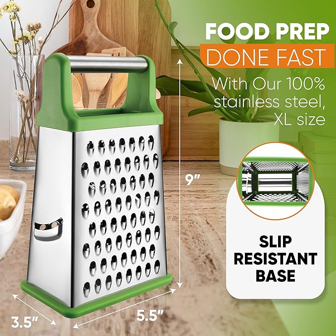 Spring Chef Green Professional Stainless Steel XL Parmesan Cheese Grater with Handle - 4 Sided Box Grater for Kitchen - Dishwasher Safe Food Shredder for Carrot, Potato, Vegetables, Ginger, Hash Brown - Image 4