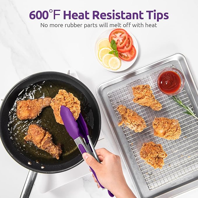 600ºF Heat Resistant Kitchen Tongs: U-Taste 9 inch Silicone Cooking Tong with Firm Sealed Non Stick Rubber Tips & Silicon Coated 18/8 Stainless Steel Handle & Smooth Locking for Serving Grill (Purple) - Image 3