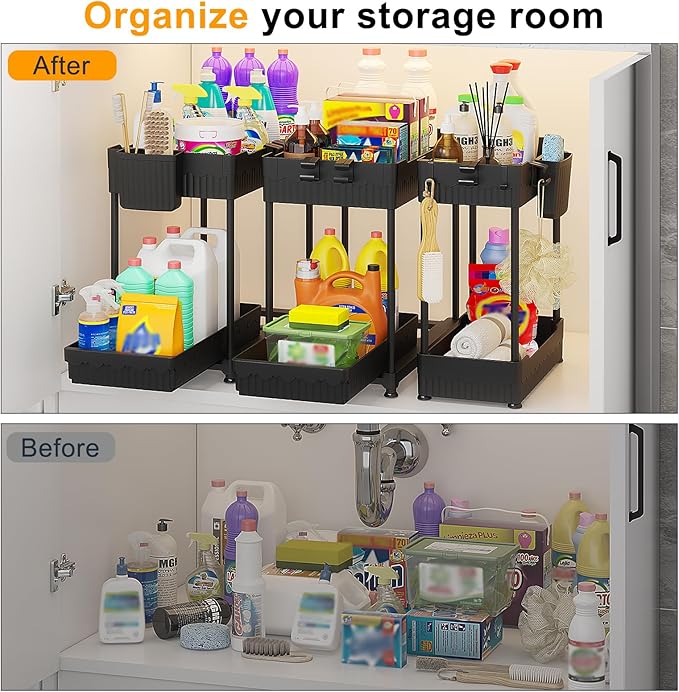 Sevenblue 3 Pack Under Sink Organizers, 2-Tier Multi-Use Kitchen and Bathroom Organizers and Storage with Sliding Drawers, Bathroom Cabinet Organizer (Black, 14.8 Inch) - Image 4