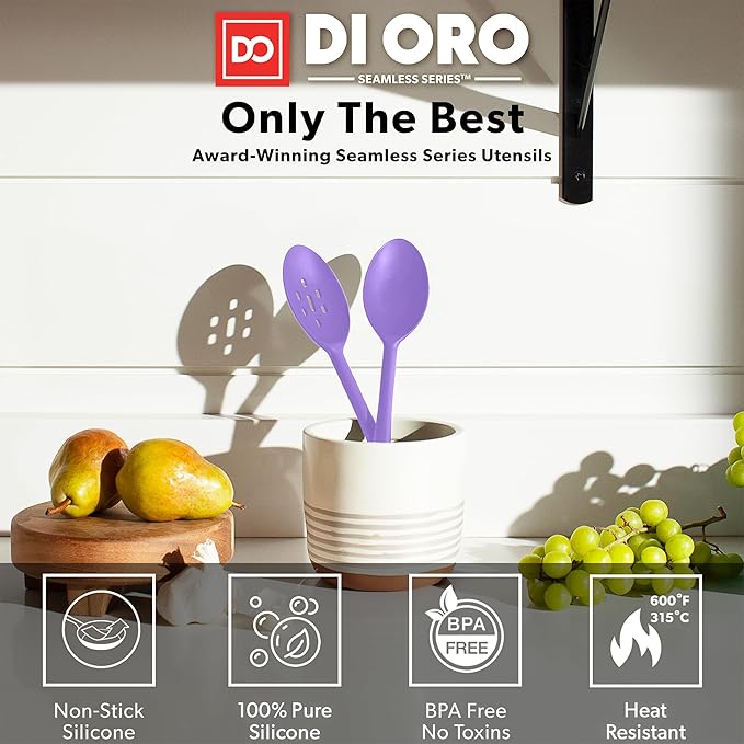 DI ORO Silicone Spoons for Cooking - Large Kitchen Spoons for Mixing, Serving & Stirring - 600°F Heat-Resistant Non Stick Utensils – Big Solid & Slotted Basting Spoon - Dishwasher Safe (2pc, Lavender) - Image 2