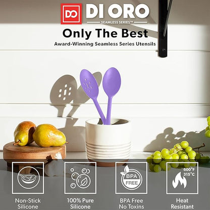 DI ORO Silicone Spoons for Cooking - Large Kitchen Spoons for Mixing, Serving & Stirring - 600°F Heat-Resistant Non Stick Utensils – Big Solid & Slotted Basting Spoon - Dishwasher Safe (2pc, Lavender) - Image 2