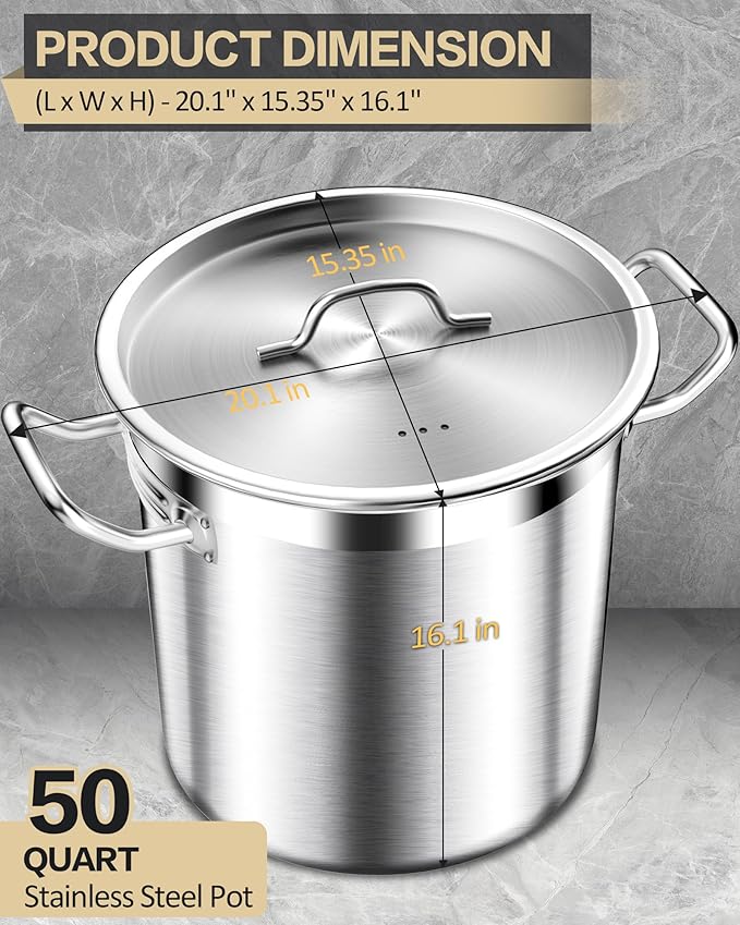 STOCKPOT 50 Quart Stainless Steel Stock Pot with Lid – Heavy Duty Cooking Pot for Soup, Commercial Soup Pots, 3-Ply Induction Bottom, Oven Safe