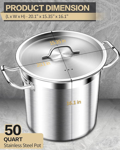 STOCKPOT 50 Quart Stainless Steel Stock Pot with Lid – Heavy Duty Cooking Pot for Soup, Commercial Soup Pots, 3-Ply Induction Bottom, Oven Safe
