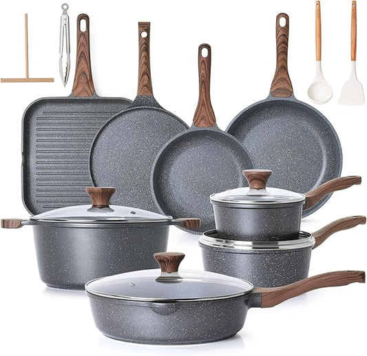 SENSARTE Nonstick Granite Cookware Set, 23 PCS Pots and Pans Non Toxic, PFOA & PFOS Free, Healthy Non Stick Granite Stone Coating Kitchen Cooking Set with Stay-Cool Handles, Gray