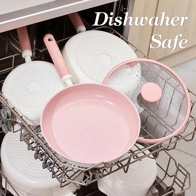 CAROTE 11 Inch Nonstick Deep Frying Pan with Lid, 5 Qt Chef Saute Pan with Pour Spout, Skillet Induction Cookware, Non Stick Cooking Pan Kitchen Pan, Healthy & PFOA/PFAS Free, Includes Spatula, Pink - Image 7