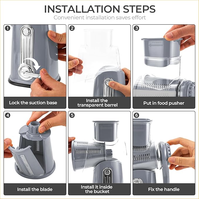 SUSTEAS Rotary Cheese Grater with Handle - Vegetable Shredder with 5 Well-designed Blades & Strong Suction Base,Round Mandoline Slicer & Food Chopper for Kitchen,with Blade Storage Box(Gray) - Image 4
