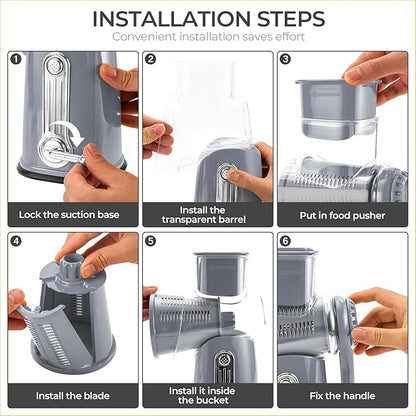 SUSTEAS Rotary Cheese Grater with Handle - Vegetable Shredder with 5 Well-designed Blades & Strong Suction Base,Round Mandoline Slicer & Food Chopper for Kitchen,with Blade Storage Box(Gray) - Image 4