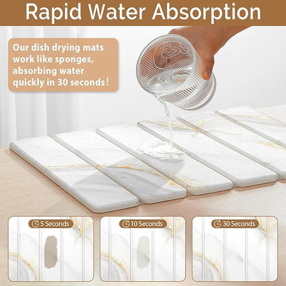 Small Stone Dish Drying Mat for Kitchen Counter, 15.7"×12" & 8"x4" Quick Dry Stone Mats, Foldable Water Absorbing Diatomaceous Earth Drying Dish Pad for Countertop Bottles Utensils Cup(Gold White) - Image 3