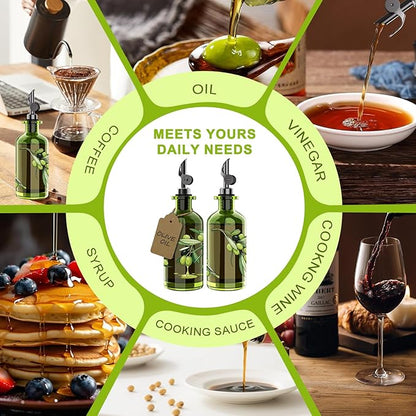 COOLMI Olive Oil Dispenser Bottle Set of 2-12oz Glass Oil & Vinegar Cruet for Kitchen - Leakproof Stainless Steel Pourers, Funnel & Labels - Extra Thick Decanter Container