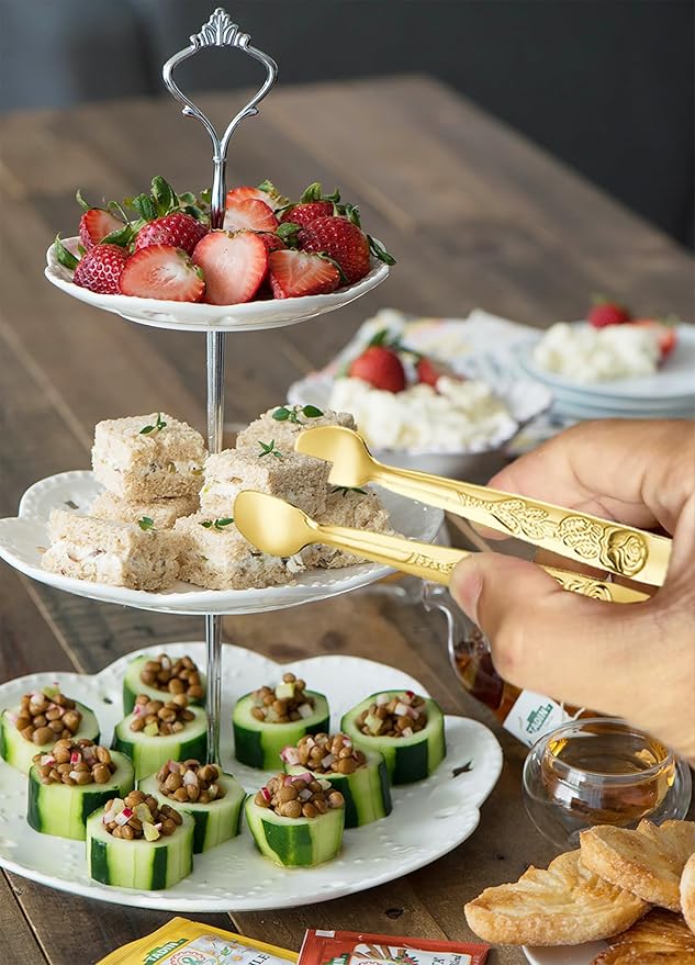HINMAY 6PCS Mini Serving Tongs 5-Inch Small Rose Sugar Cube Appetizer Tongs, Tiny Metal Tong for Tea Party, Coffee Bar, Desserts (Gold)